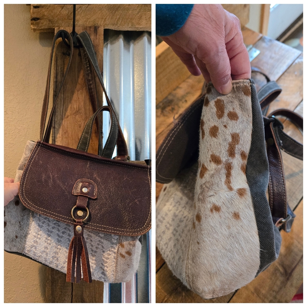 Myra Bag Purse Backpack Cowhide Hair Leather & Tapestry